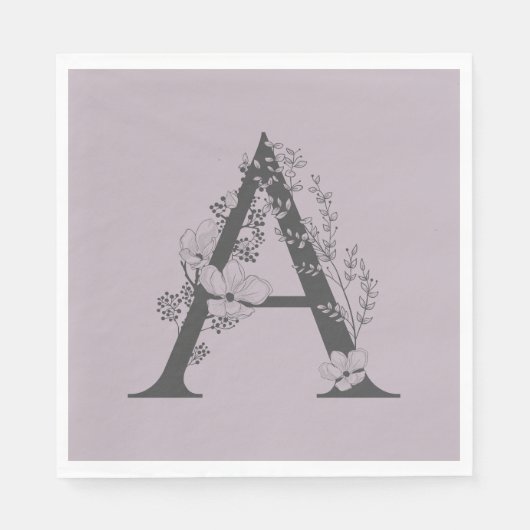 Elegant A Boho Floral Monogram Initiaal Lila grijs Servet (Voorkant)