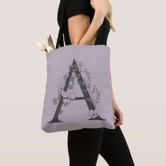Elegant A Boho Floral Monogram Initiaal Lila grijs Tote Bag (Dichtbij)