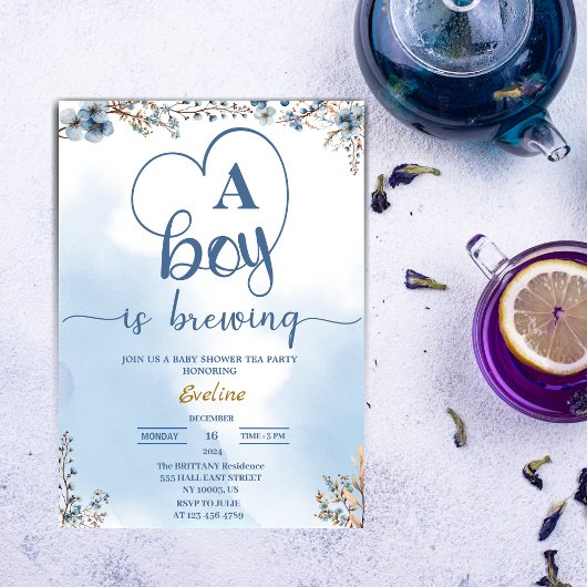 Elegant A Boy Is Brewing Tea Party Baby shower Kaart