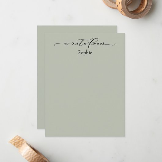 Elegant "A Note from" Simple Sage Green Notitiekaartje (Voorkant / Achterkant in situ)