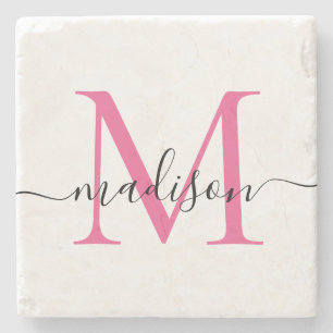 Elegant Aangepast Magenta Roze Monogram Manuscript Stenen Onderzetter