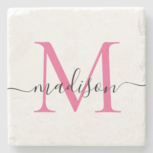 Elegant Aangepast Magenta Roze Monogram Manuscript Stenen Onderzetter (Voorkant)