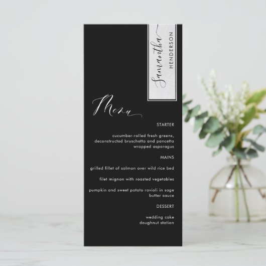 Elegant Aangepast met gastnaam Zwart-wit Menu (Staand voorkant)