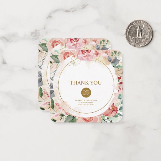 Elegant aangepast pastel floral roos "Dank u wel" Notitiekaartje (Voorkant / Achterkant in situ)