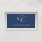Elegant Aangepast Zilver Monogram Marine Blauw Bed Visitekaartje (Achterkant)