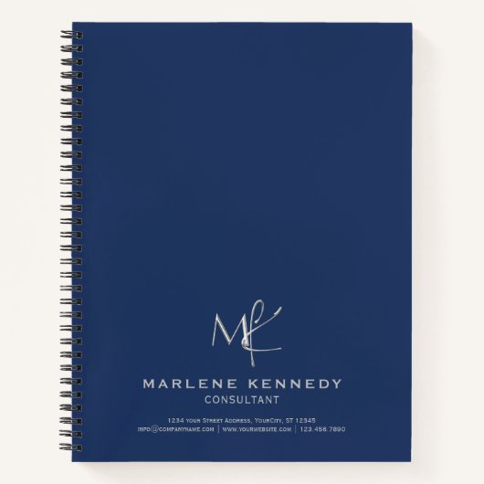Elegant Aangepast Zilver Monogram Marine Blauw Notitieboek (Voorkant)