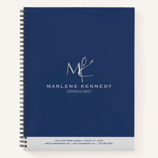 Elegant Aangepast Zilver Monogram Marine Blauw Notitieboek (Voorkant)