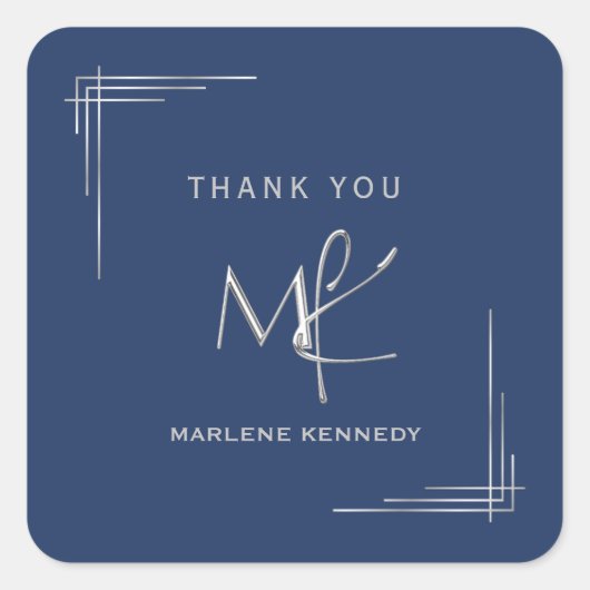 Elegant Aangepast Zilver Monogram Marine Blauw Vierkante Sticker (Voorkant)