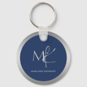 Elegant Aangepast Zilveren Monogram Marine Blauw M Sleutelhanger (Voorkant)
