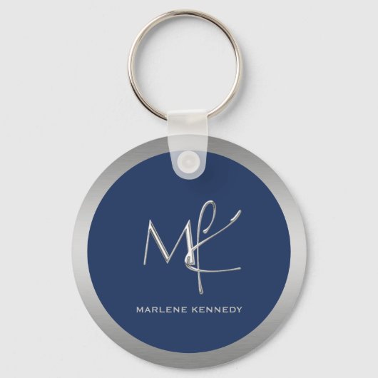 Elegant Aangepast Zilveren Monogram Marine Blauw M Sleutelhanger (Voorkant)