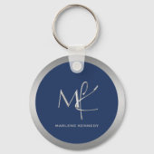 Elegant Aangepast Zilveren Monogram Marine Blauw M Sleutelhanger (Achterkant)