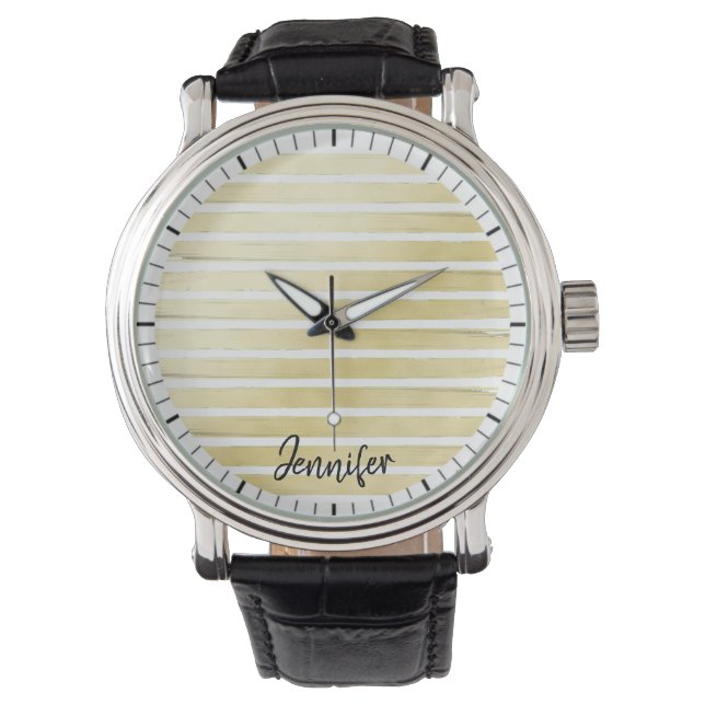 Elegant aangepaste naam goudfolie verf gestript horloge (Voorkant)