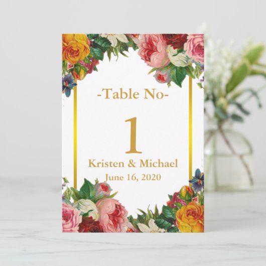 Elegant Aanpasbare Bloem Gouden Bruiloft Tafel Num Kaart (Staand voorkant)
