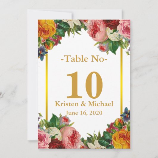 Elegant Aanpasbare Bloem Gouden Bruiloft Tafel Num Kaart (Voorkant)