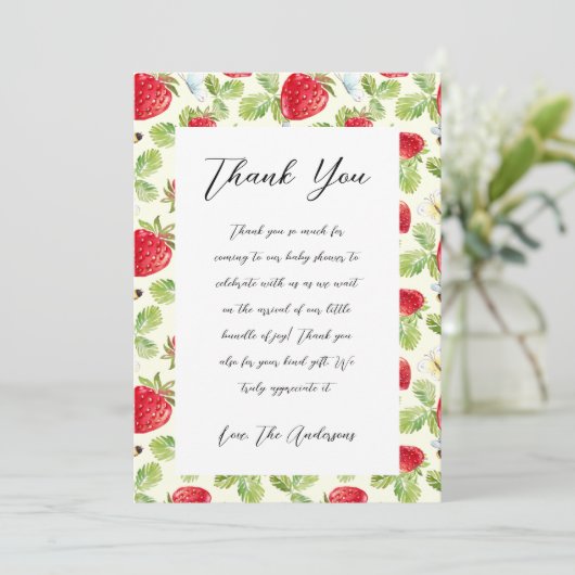 Elegant aardbei Baby shower dank u kaart (Staand voorkant)