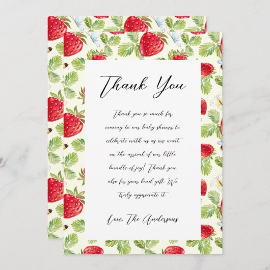 Elegant aardbei Baby shower dank u kaart (Voorkant / Achterkant)