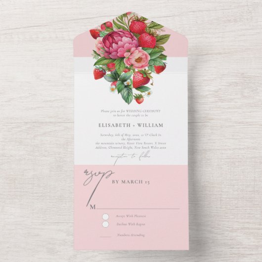 Elegant aardbei en peonies Wedding Rsvp All In One Uitnodiging (Binnen)