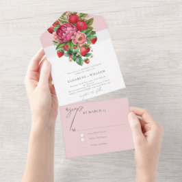 Elegant aardbei en peonies Wedding Rsvp All In One Uitnodiging