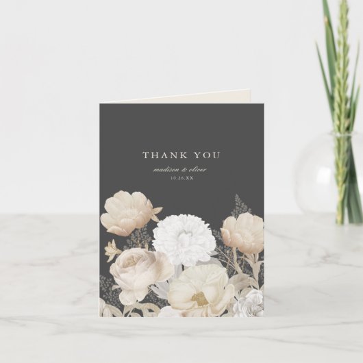 Elegant aardeachtig bloemig donkergrijs chique bru bedankkaart (Voorkant)