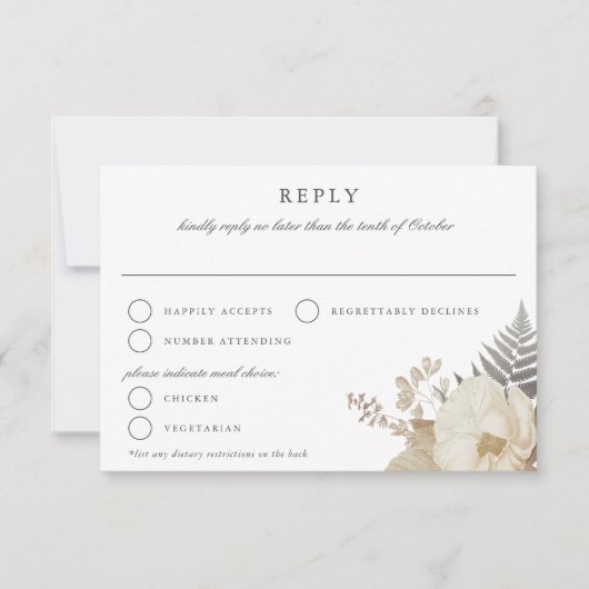 Elegant aardeachtig bloemig wit bruiloft RSVP (Voorkant)