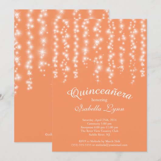 Elegant Abrikozen mousserende lichten Quinceañera Kaart (Voorkant / Achterkant)