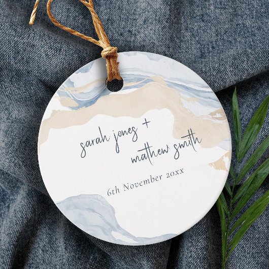 Elegant Abstract Blauw Beige Kuststrand Bruiloft Bedankjes Labels