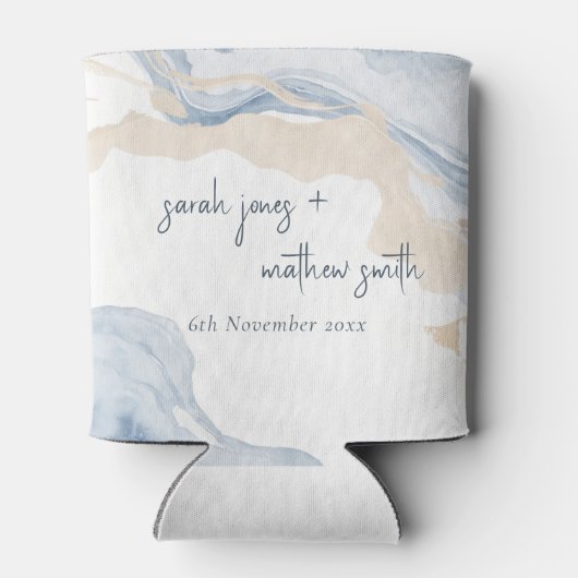 Elegant Abstract Blauw Beige Kuststrand Bruiloft Blikjeskoeler (Achterkant)