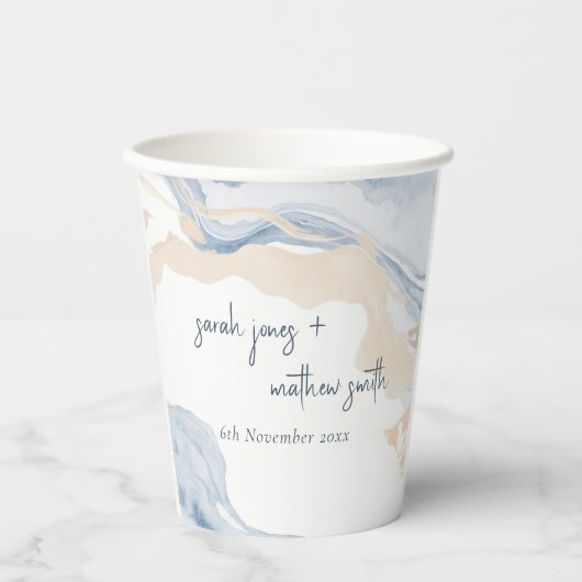 Elegant Abstract Blauw Beige Kuststrand Bruiloft Papieren Bekers (Voorkant)