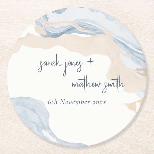 Elegant Abstract Blauw Beige Kuststrand Bruiloft Ronde Kartonnen Onderzetter (Voorkant)