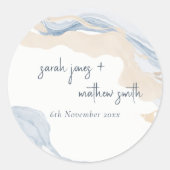 Elegant Abstract Blauw Beige Kuststrand Bruiloft Ronde Sticker (Voorkant)