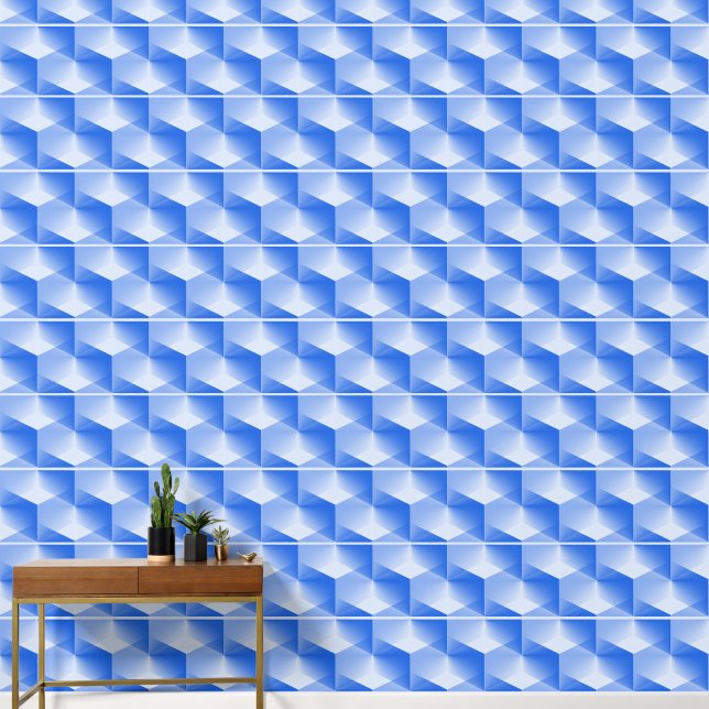 Elegant Abstract Blauw Grijs Wit Cubed Stripes Behang (Hal)
