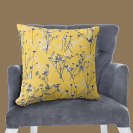 Elegant Abstract Blauw Wildbloemen Mustard Yellow Kussen
