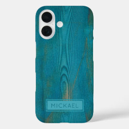 Elegant Abstract Blauwgroen hout textuur Monogram iPhone 16 Hoesje