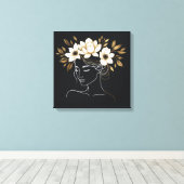 Elegant Abstract Female Line Art with Gold Floral Canvas Afdruk (Insitu (Houten vloer))