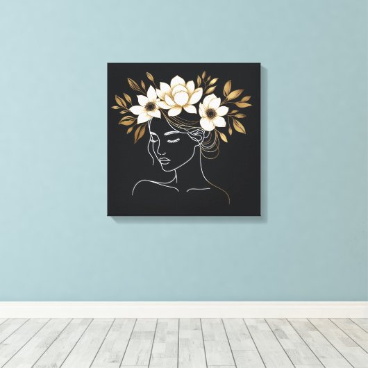 Elegant Abstract Female Line Art with Gold Floral Canvas Afdruk (Insitu (Houten vloer))
