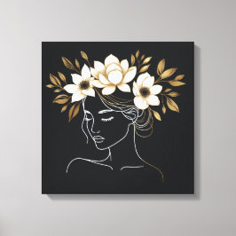 Elegant Abstract Female Line Art with Gold Floral  Canvas Afdruk