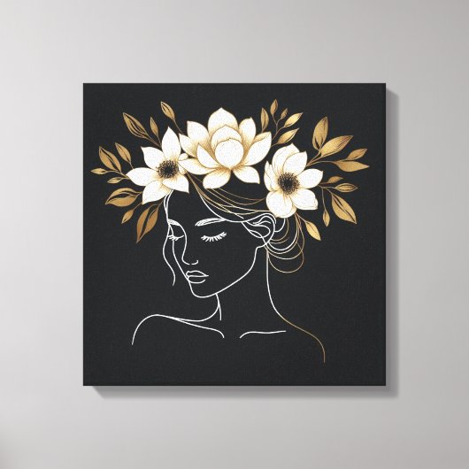 Elegant Abstract Female Line Art with Gold Floral Canvas Afdruk (Voorkant)