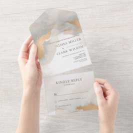 Elegant Abstract Gold Waterverf Painterly Wedding All In One Uitnodiging