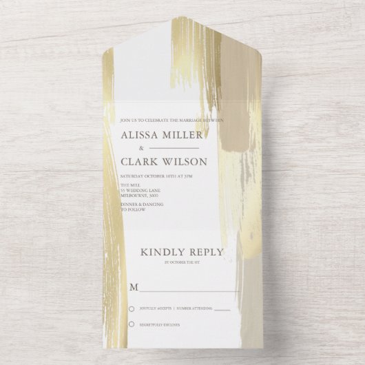 Elegant Abstract goud en tan Painterly Wedding All In One Uitnodiging (Binnen)