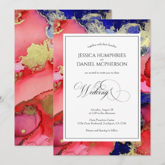 Elegant Abstract Rode Gold Paarse bruiloft Kaart (Voorkant / Achterkant)