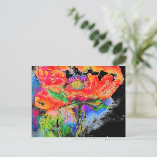 Elegant abstract rood bloemige waterverf zwart briefkaart (Staand voorkant)