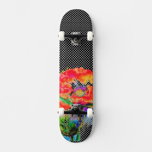 Elegant abstract rood bloemige waterverf zwart persoonlijk skateboard (Voorkant)