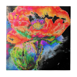 Elegant abstract rood bloemige waterverf zwart tegeltje