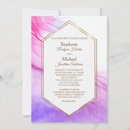 Elegant Abstract Roze Violet Gold Lijst Weddenscha Kaart (Voorkant)