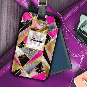 Elegant abstract roze zwart geometrisch bagagelabel