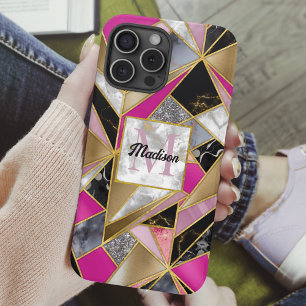 Elegant abstract roze zwart geometrisch iPhone 16 pro hoesje