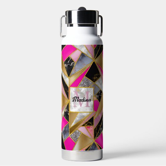 Elegant abstract roze zwart geometrisch waterfles (Voorkant)