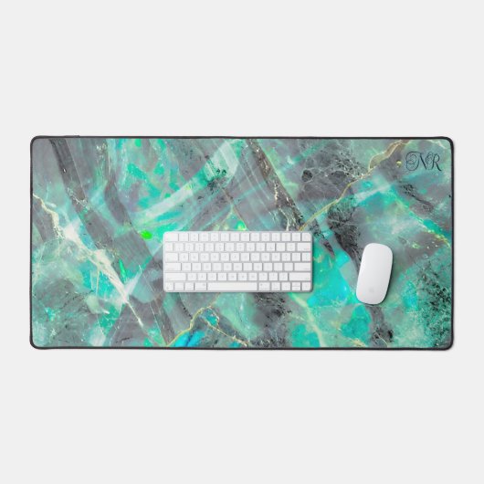 Elegant Abstract Turquoise Marmer Opal Monogrammed Bureaumat (Keyboard & Muis)