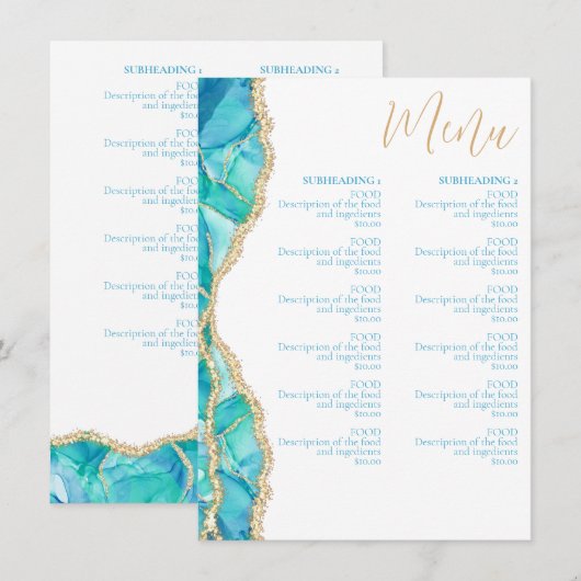 Elegant Abstract Waterverf Blue Gold Restaurant Menu (Voorkant / Achterkant)