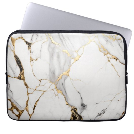 Elegant abstract zwart-wit goudmarmer laptop sleeve (Voorkant)